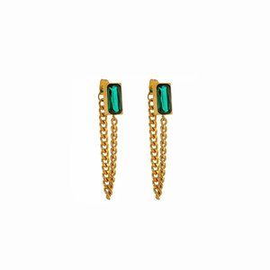 Cuban Chain Earrings with Green Emerald Cut Stone.